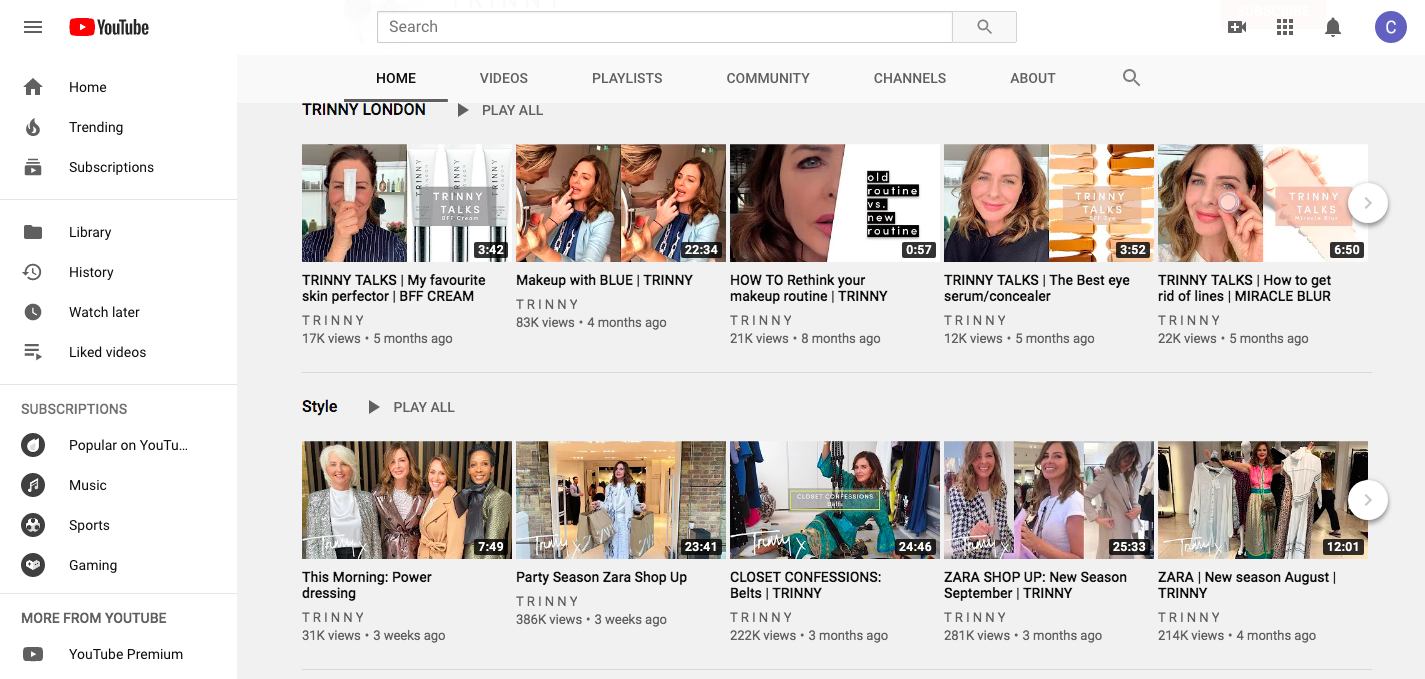 Screen shot of Trinny Youtube Channel